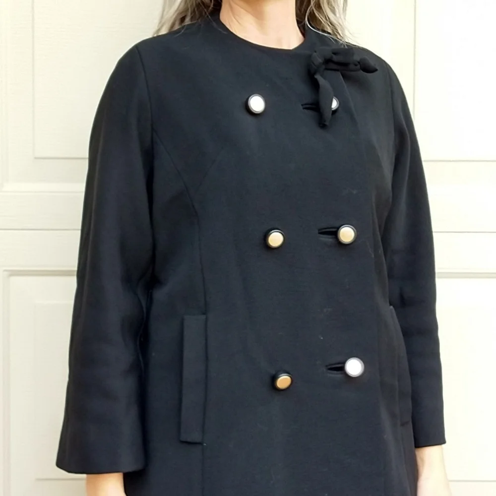 BLACK WOOL WEAVE COAT vintage 1960's 60's S M - Picture 3 of 10
